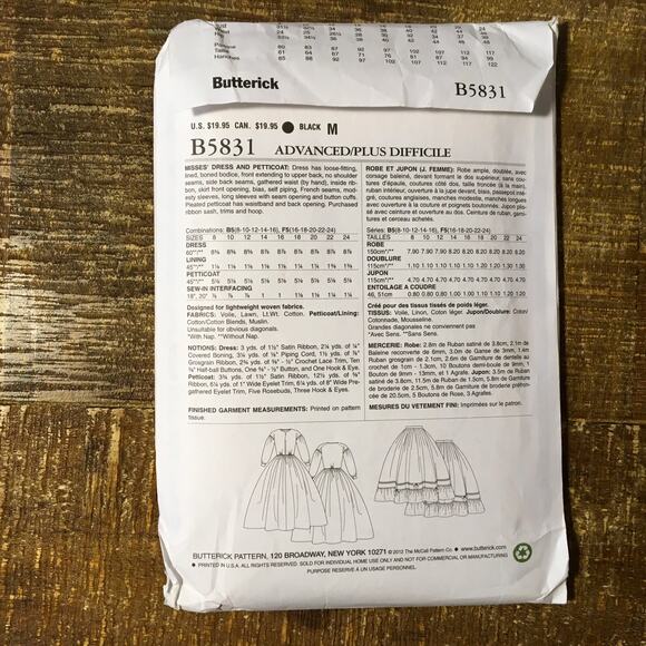 Butterick Sewing Pattern 5831 Mary Todd Lincoln GWTW Dress Petticoat 16-22 UNCUT - Picture 2 of 3